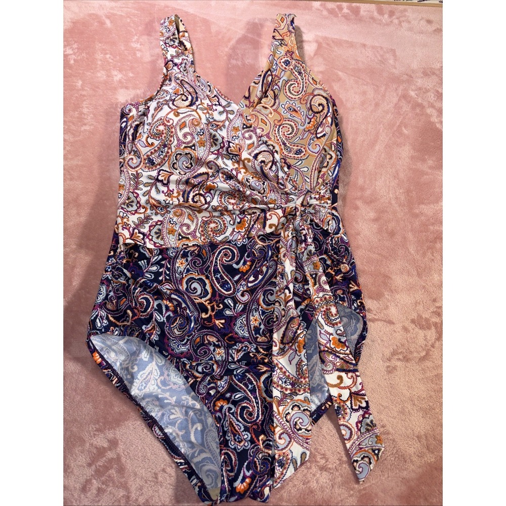 Lands End Womens Size 10 Blue Paisley Floral 1 Piece Swimsuit. Modest.